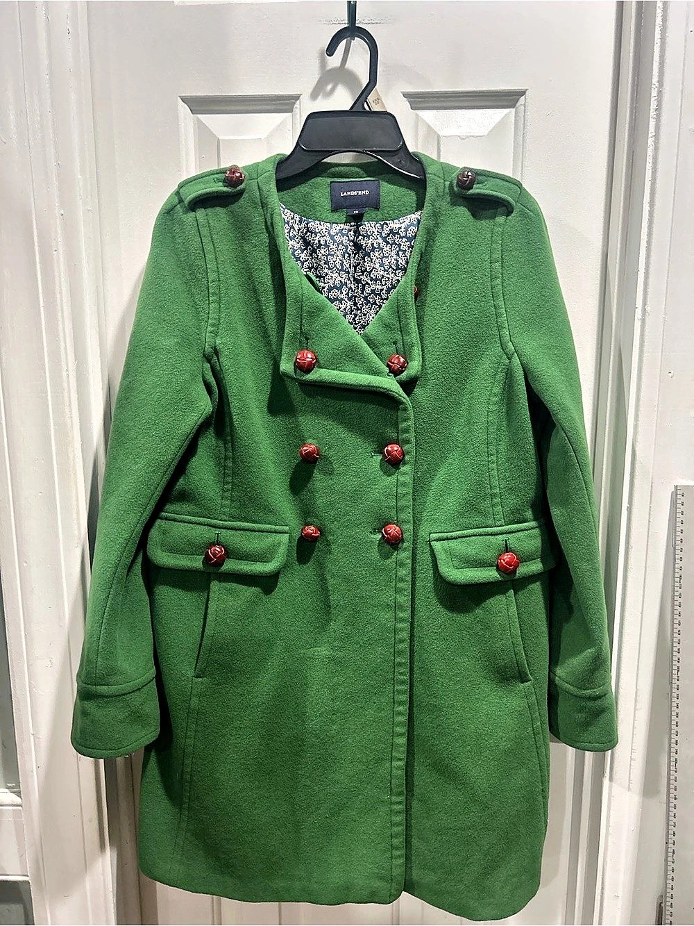 Lands' End Cottagecore Double-Breasted Pea Coat Green Size Wool Blend